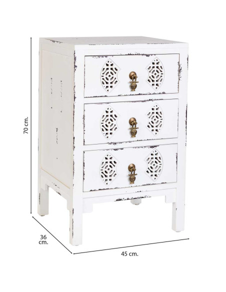 Table de chevet blanche patinée 3 tiroirs en sapin et MDF 45x36x70 cm Liomio  - 7