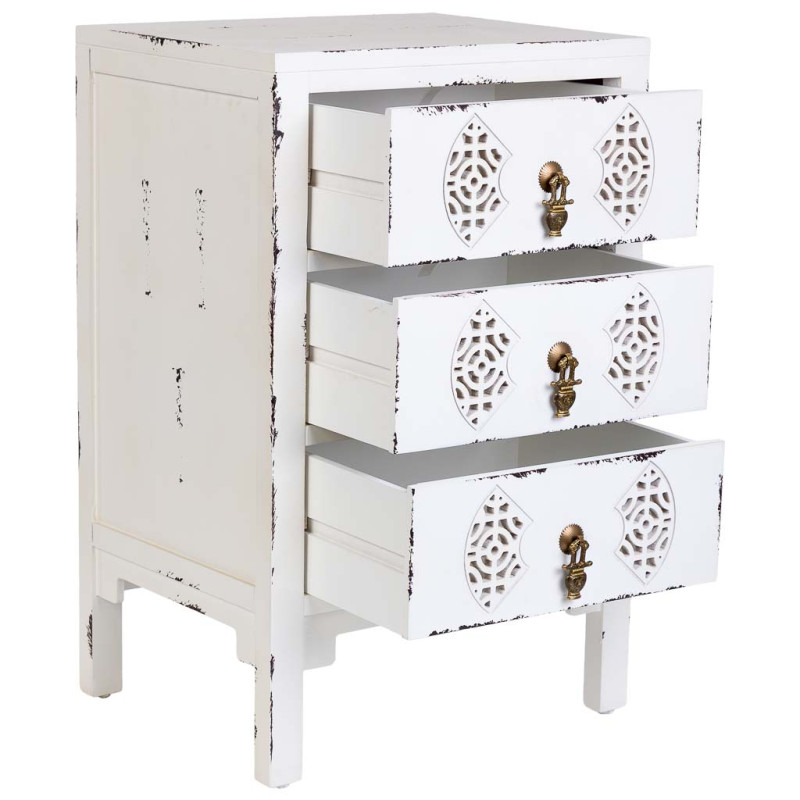 Table de chevet blanche patinée 3 tiroirs en sapin et MDF 45x36x70 cm Liomio  - 3