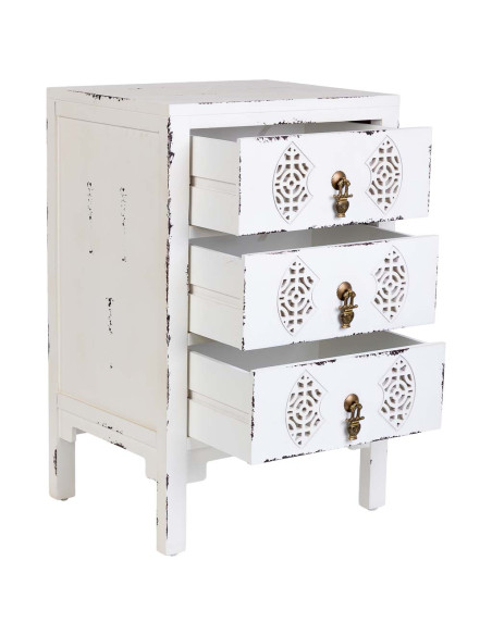 Table de chevet blanche patinée 3 tiroirs en sapin et MDF 45x36x70 cm Liomio  - 3