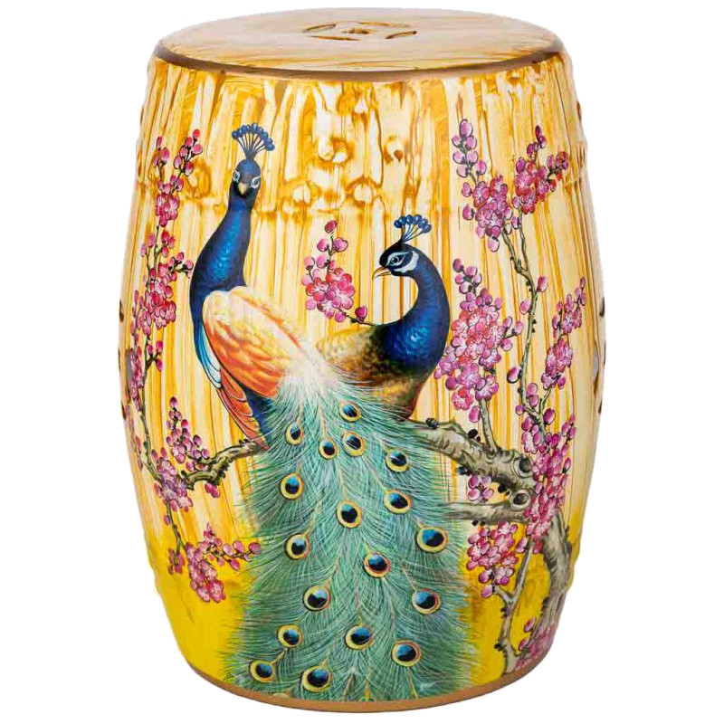 Table d’appoint céramique émaillée paons jaune safran 33x44,5 cm Felisa  - 1