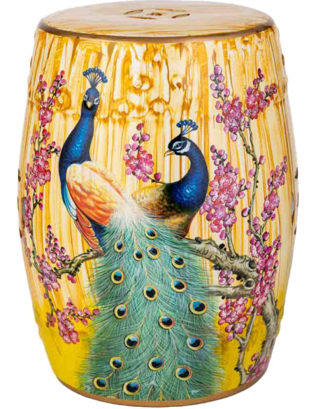 Table d’appoint céramique émaillée paons jaune safran 33x44,5 cm Felisa  - 1