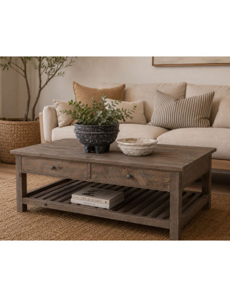 Table basse bois brun 4 tiroirs 120x70x45 cm Ozanio  - 2