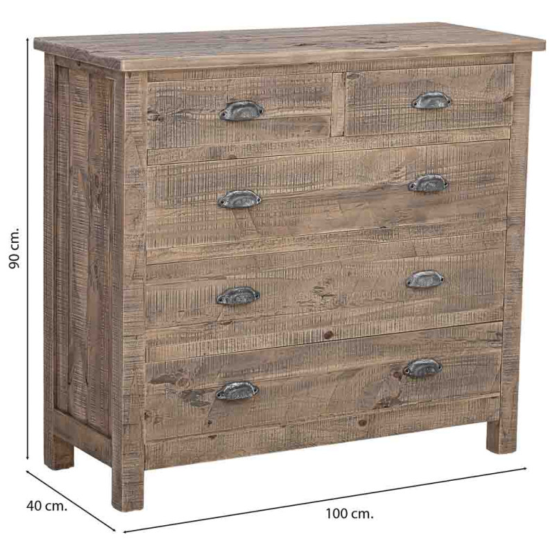 Commode 5 tiroirs bois brun grisé 90x40x100 cm Ozanio  - 8