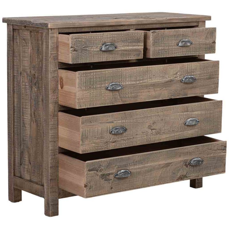 Commode 5 tiroirs bois brun grisé 90x40x100 cm Ozanio  - 3