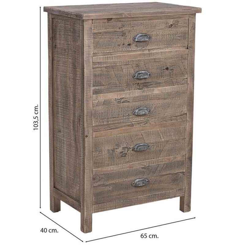 Chiffonnier bois 5 tiroirs brun grisé 65x40x103,5 cm Ozanio  - 8