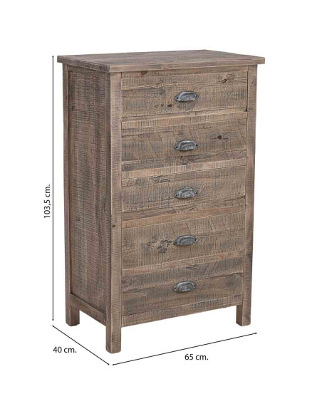 Chiffonnier bois 5 tiroirs brun grisé 65x40x103,5 cm Ozanio  - 8
