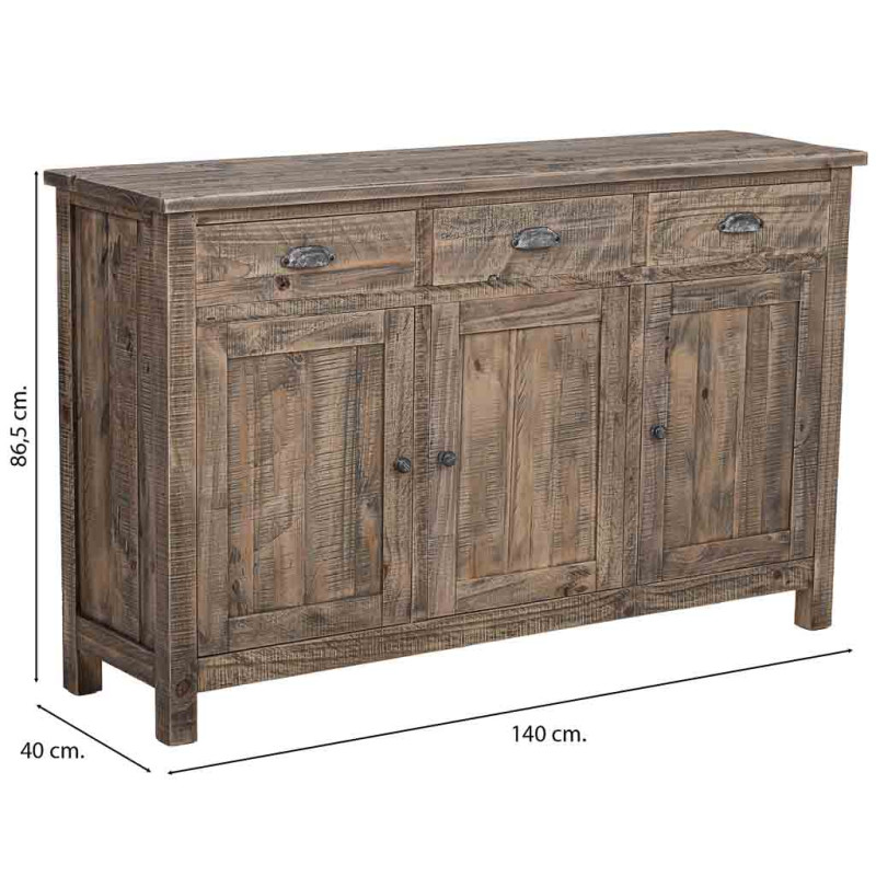 Buffet bois brun vieilli 3 portes 3 tiroirs 140x40x86,5 cm Ozanio  - 9