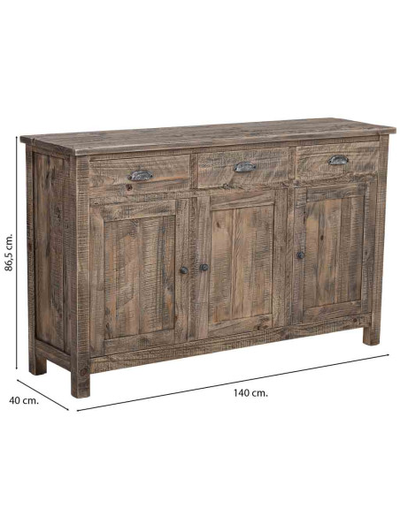 Buffet bois brun vieilli 3 portes 3 tiroirs 140x40x86,5 cm Ozanio  - 9