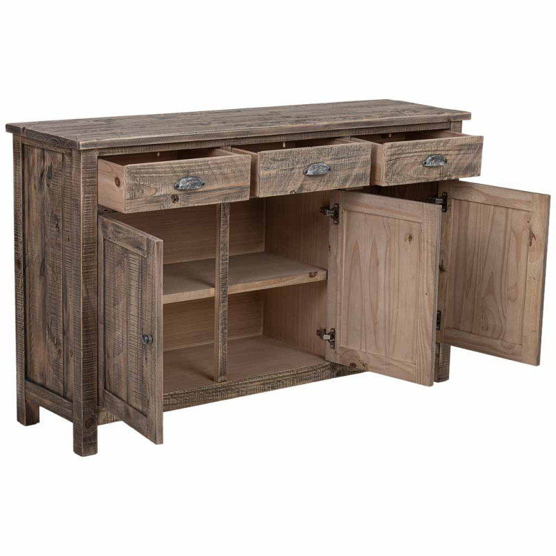 Buffet bois brun vieilli 3 portes 3 tiroirs 140x40x86,5 cm Ozanio  - 4