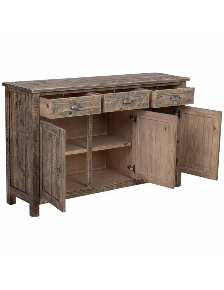 Buffet bois brun vieilli 3 portes 3 tiroirs 140x40x86,5 cm Ozanio  - 4