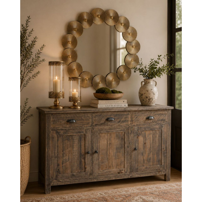 Buffet bois brun vieilli 3 portes 3 tiroirs 140x40x86,5 cm Ozanio  - 2