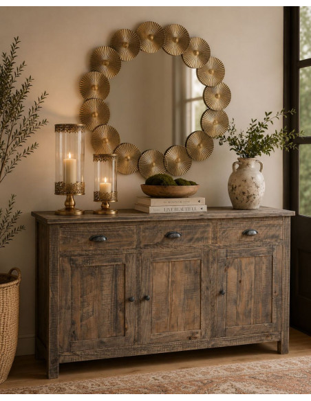 Buffet bois brun vieilli 3 portes 3 tiroirs 140x40x86,5 cm Ozanio  - 2