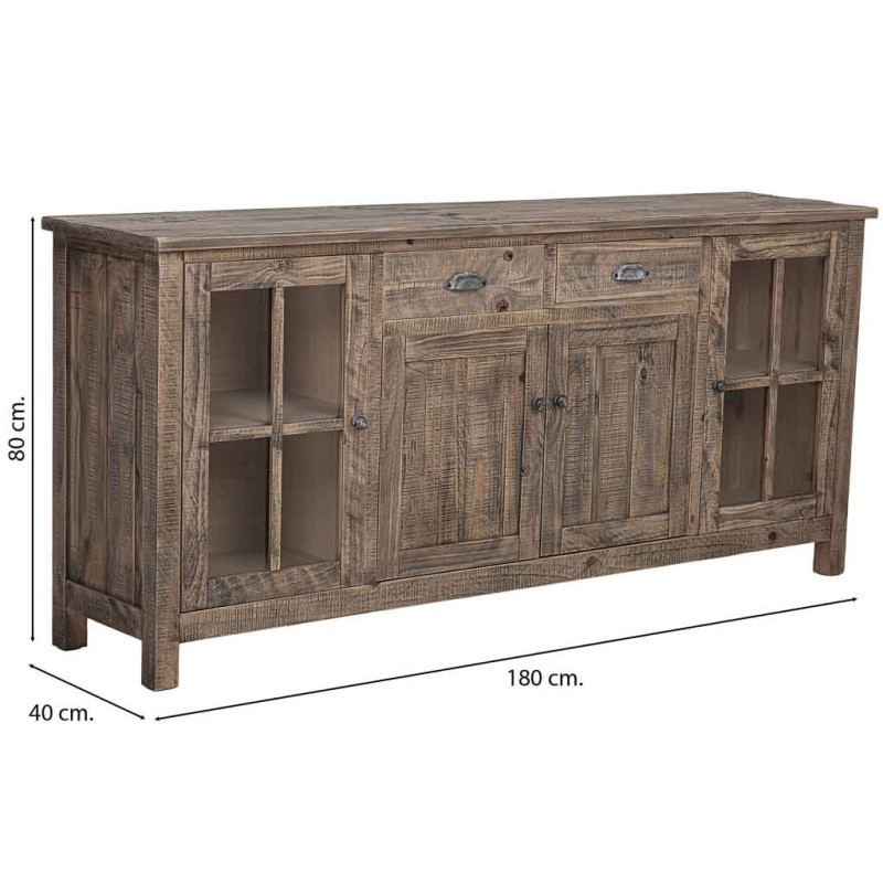 Buffet vitrine bois brun 4 portes 2 tiroirs 180x40x80 cm Ozani  - 8
