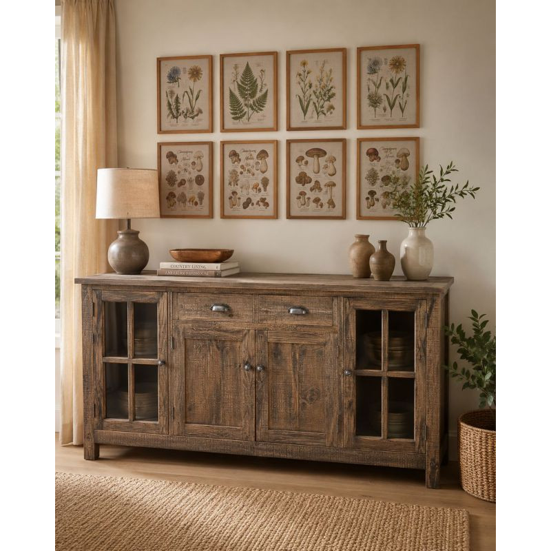 Buffet vitrine bois brun 4 portes 2 tiroirs 180x40x80 cm Ozani  - 2