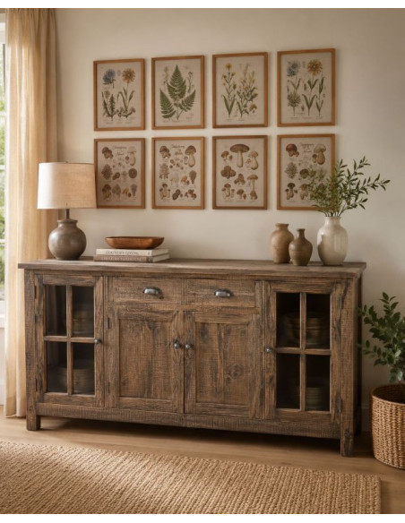 Buffet vitrine bois brun 4 portes 2 tiroirs 180x40x80 cm Ozani  - 2