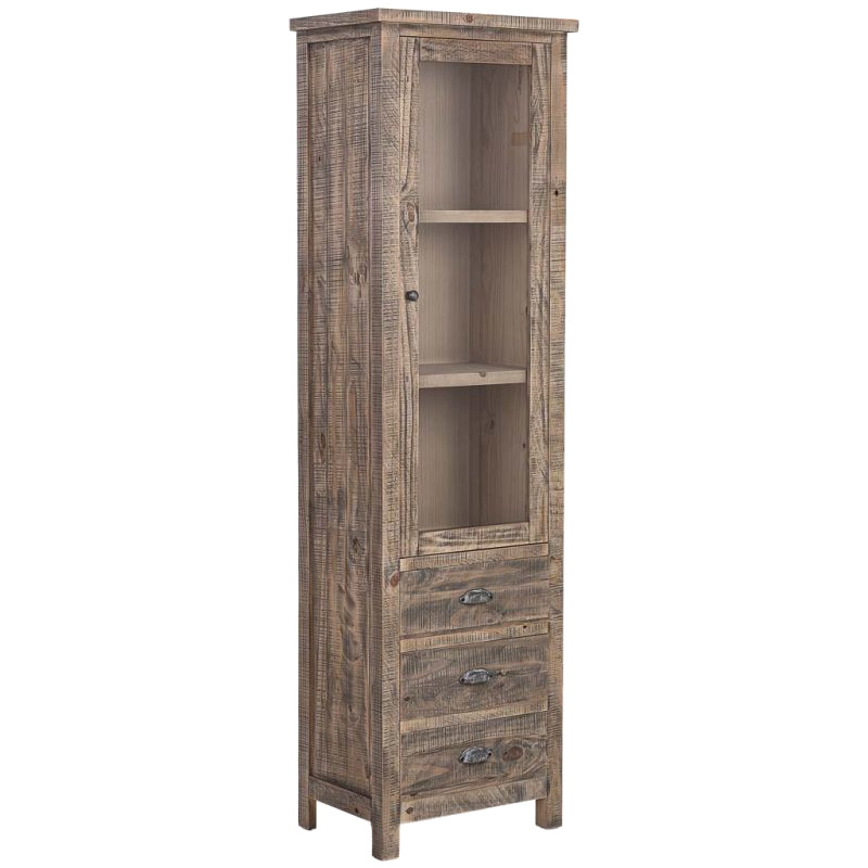Vitrine colonne bois brun 1 porte vitrée 3 tiroirs 58x40x200 cm Ozanio  - 1