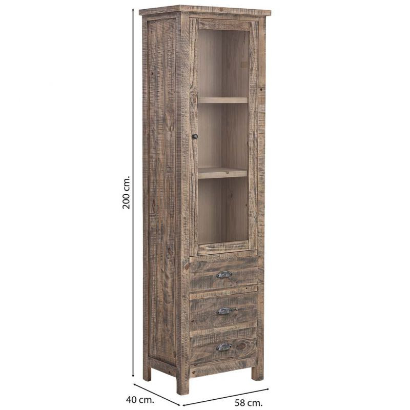 Vitrine colonne bois brun 1 porte vitrée 3 tiroirs 58x40x200 cm Ozanio  - 8