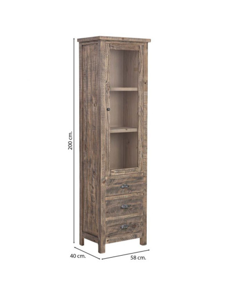 Vitrine colonne bois brun 1 porte vitrée 3 tiroirs 58x40x200 cm Ozanio  - 8