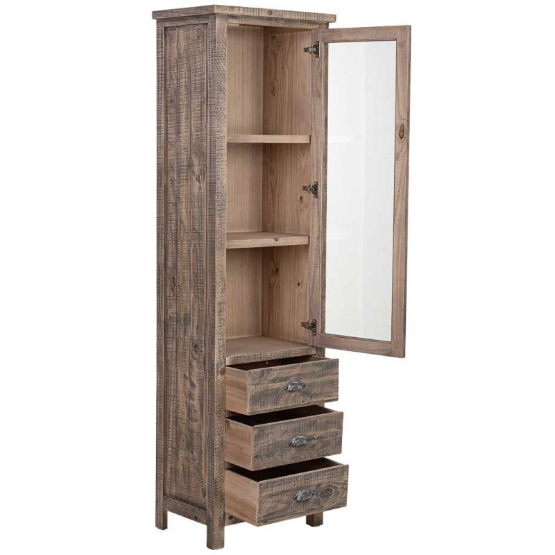 Vitrine colonne bois brun 1 porte vitrée 3 tiroirs 58x40x200 cm Ozanio  - 3