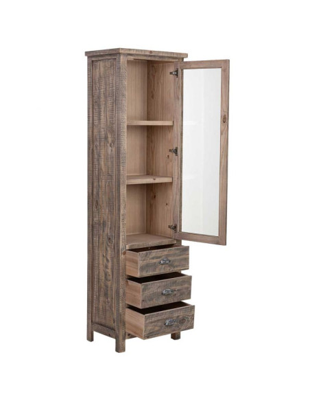 Vitrine colonne bois brun 1 porte vitrée 3 tiroirs 58x40x200 cm Ozanio  - 3