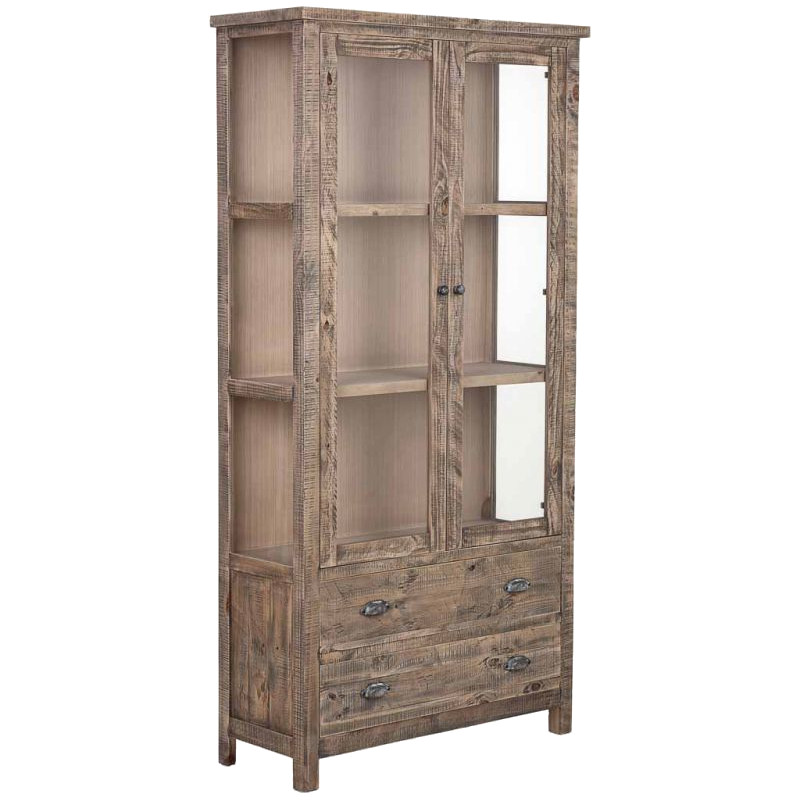 Vitrine bois brun 2 portes vitrées 2 tiroirs 100x40x200 cm Ozanio  - 1