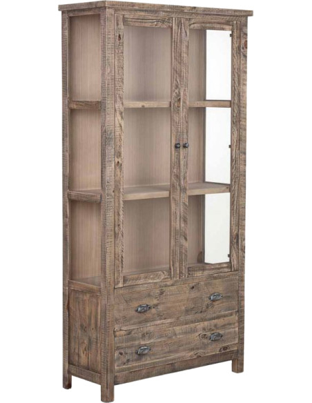 Vitrine bois brun 2 portes vitrées 2 tiroirs 100x40x200 cm Ozanio  - 1