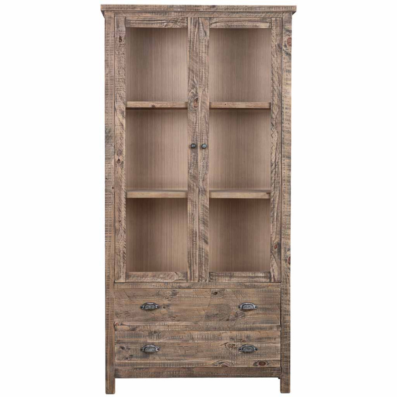Vitrine bois brun 2 portes vitrées 2 tiroirs 100x40x200 cm Ozanio  - 2