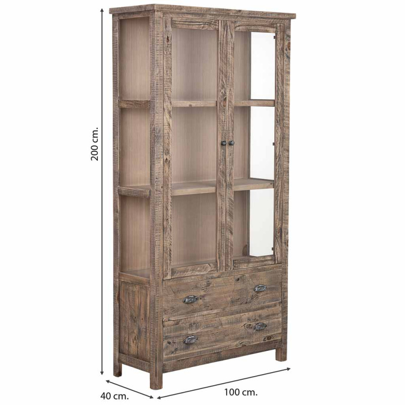 Vitrine bois brun 2 portes vitrées 2 tiroirs 100x40x200 cm Ozanio  - 8