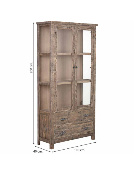 Vitrine bois brun 2 portes vitrées 2 tiroirs 100x40x200 cm Ozanio  - 8