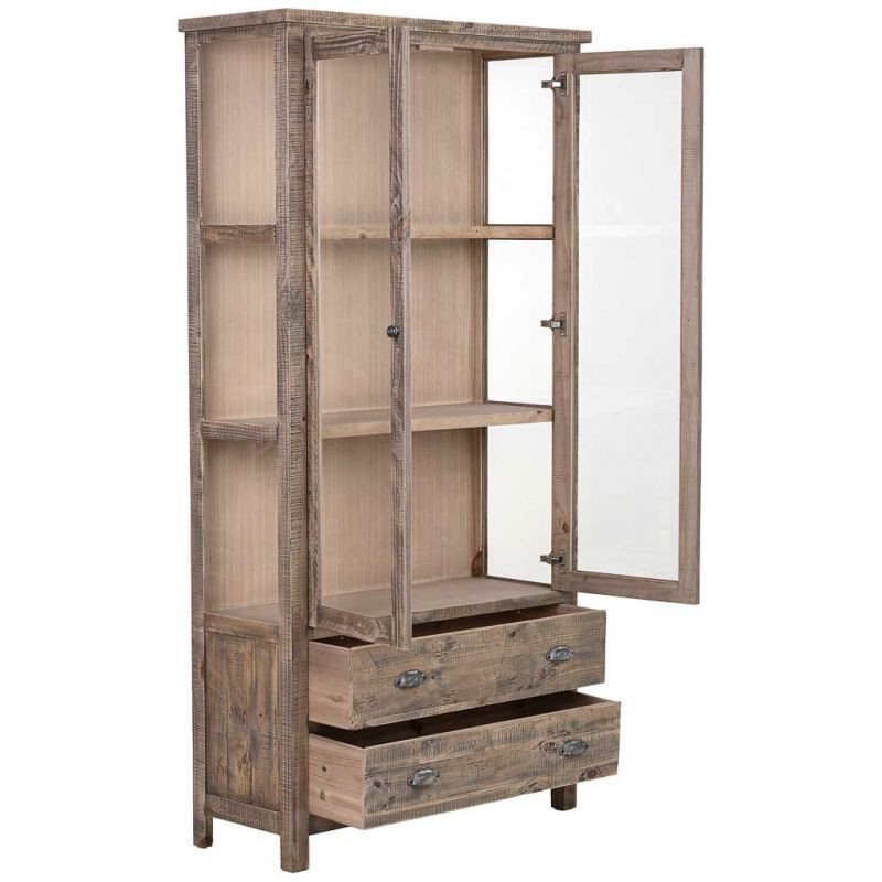 Vitrine bois brun 2 portes vitrées 2 tiroirs 100x40x200 cm Ozanio  - 3