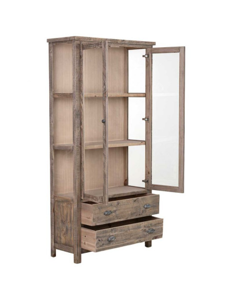 Vitrine bois brun 2 portes vitrées 2 tiroirs 100x40x200 cm Ozanio  - 3