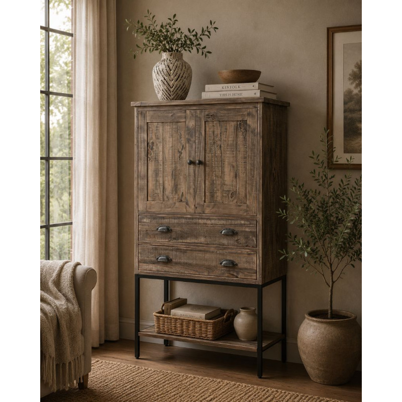 Buffet haut bois brun et métal 81x40x152 cm Ozanio  - 2