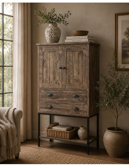 Buffet haut bois brun et métal 81x40x152 cm Ozanio  - 2