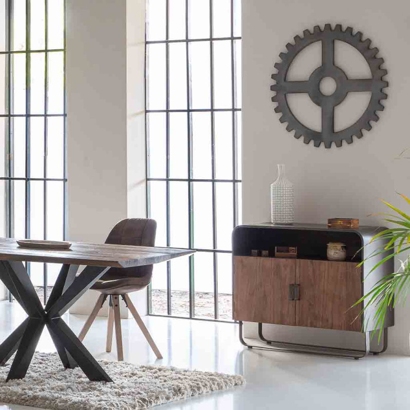 Buffet industriel 2 portes bois brun métal noir 90x44x80,5 cm Daecio  - 2
