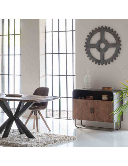 Buffet industriel 2 portes bois brun métal noir 90x44x80,5 cm Daecio  - 2