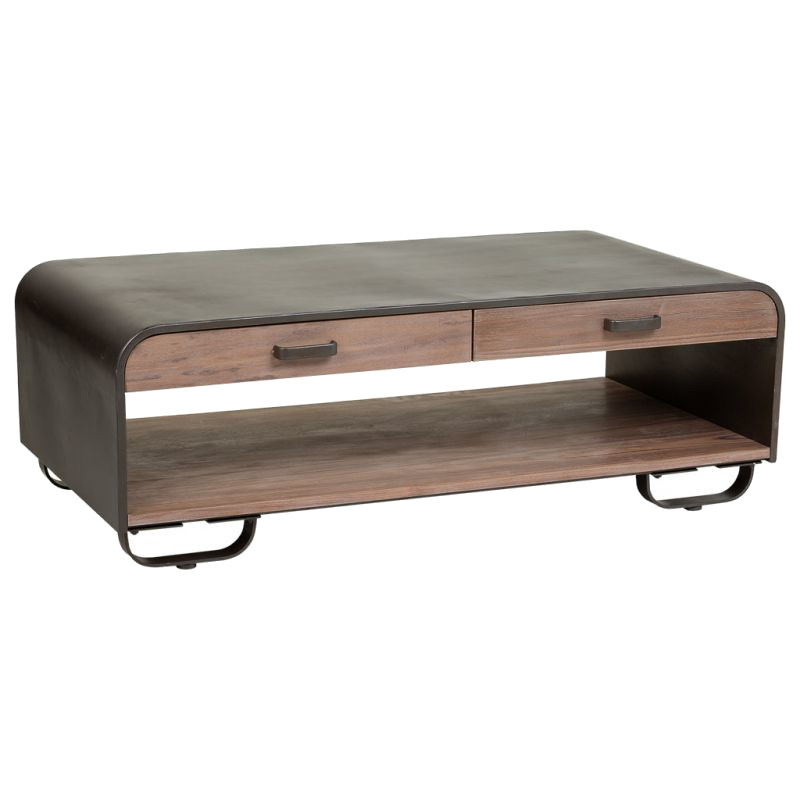 Table basse industrielle 2 tiroirs bois brun métal noir 120x62x41 cm Daecio  - 1