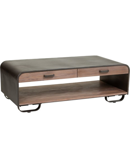 Table basse industrielle 2 tiroirs bois brun métal noir 120x62x41 cm Daecio  - 1