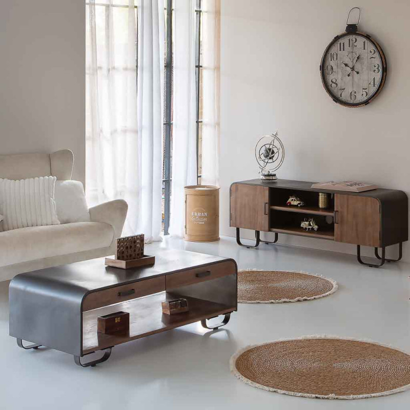 Table basse industrielle 2 tiroirs bois brun métal noir 120x62x41 cm Daecio  - 2