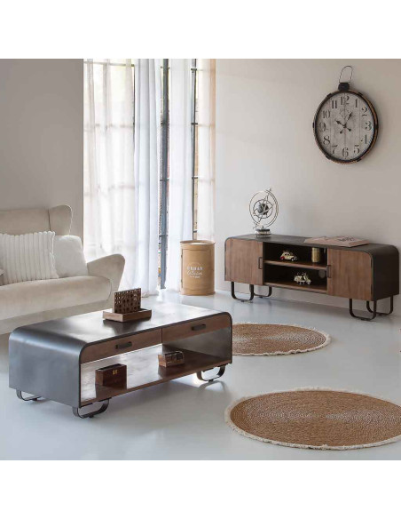 Table basse industrielle 2 tiroirs bois brun métal noir 120x62x41 cm Daecio  - 2