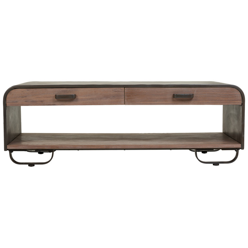 Table basse industrielle 2 tiroirs bois brun métal noir 120x62x41 cm Daecio  - 3