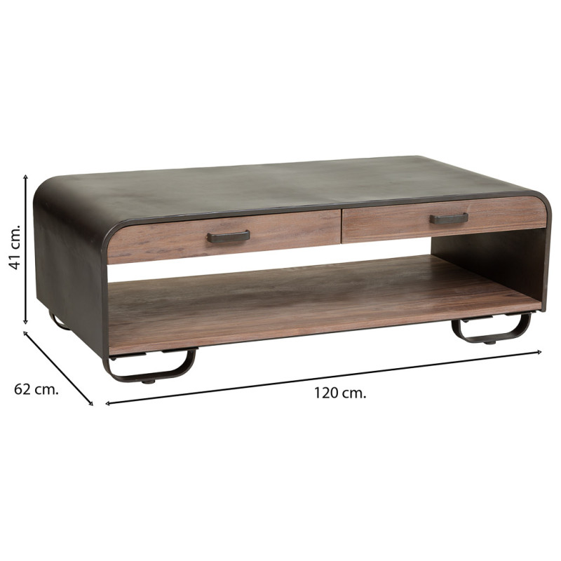 Table basse industrielle 2 tiroirs bois brun métal noir 120x62x41 cm Daecio  - 9