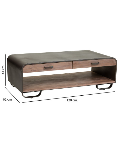 Table basse industrielle 2 tiroirs bois brun métal noir 120x62x41 cm Daecio  - 9
