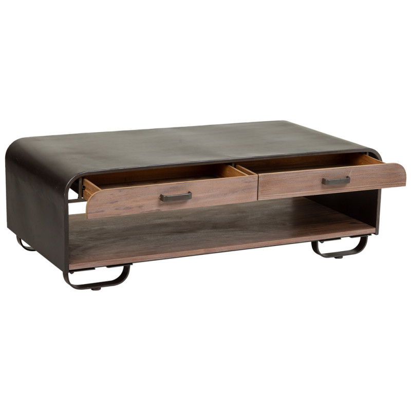 Table basse industrielle 2 tiroirs bois brun métal noir 120x62x41 cm Daecio  - 4