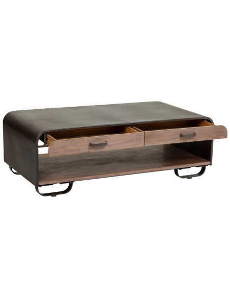 Table basse industrielle 2 tiroirs bois brun métal noir 120x62x41 cm Daecio  - 4