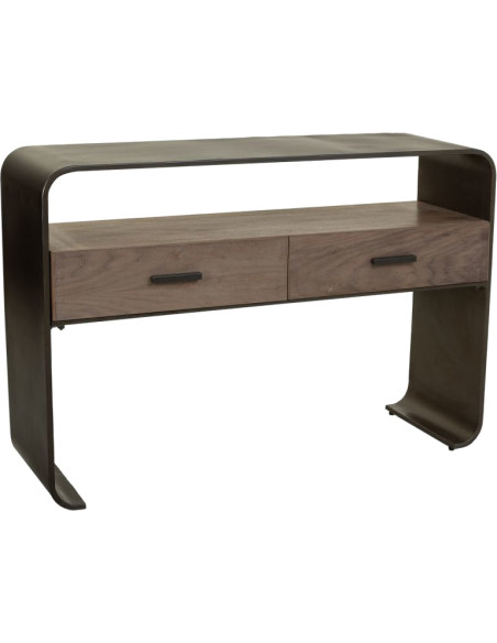 Console d’entrée industrielle 2 tiroirs bois brun métal noir 122x37x82 cm Daecio  - 1