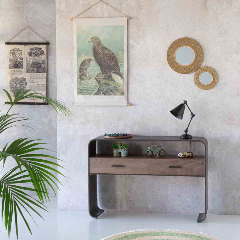 Console d’entrée industrielle 2 tiroirs bois brun métal noir 122x37x82 cm Daecio  - 2