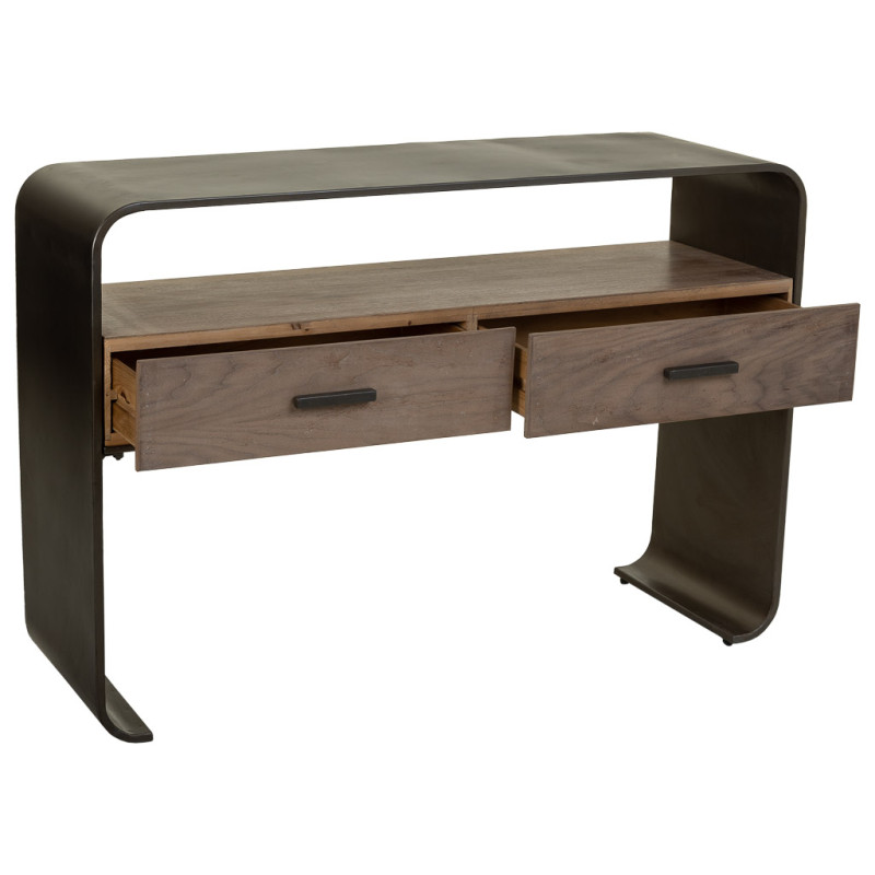 Console d’entrée industrielle 2 tiroirs bois brun métal noir 122x37x82 cm Daecio  - 4