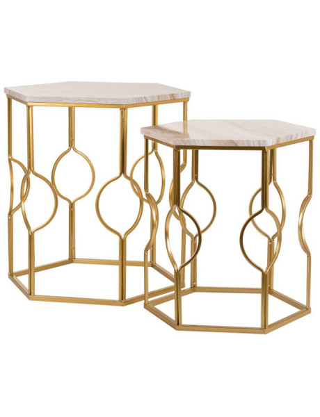 Lot de 2 tables d'appoint Art déco métal doré pierre veinée Azetea  - 1