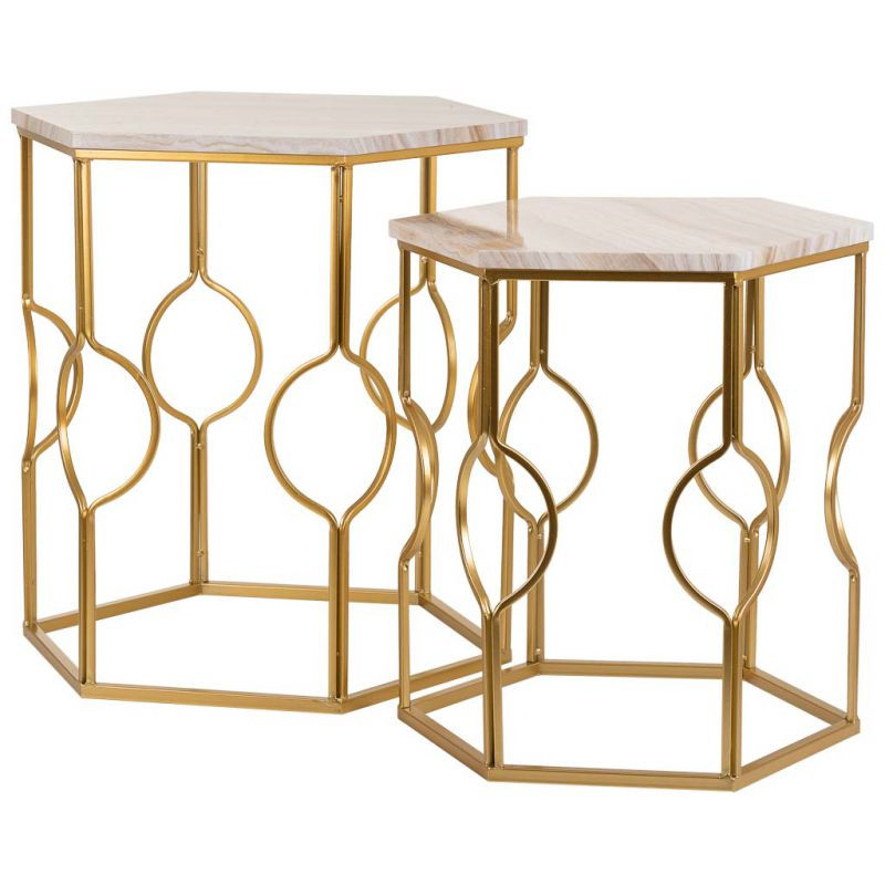 Lot de 2 tables d'appoint Art déco métal doré pierre veinée Azetea  - 1