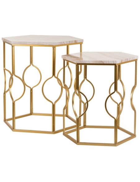 Lot de 2 tables d'appoint Art déco métal doré pierre veinée Azetea  - 1